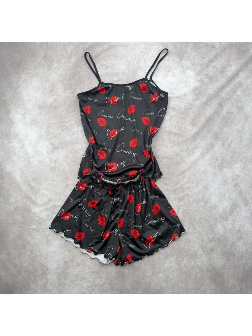 Black Red Kiss Lips Print Cami Shorts Pajama Lounge Set Size M Y2K